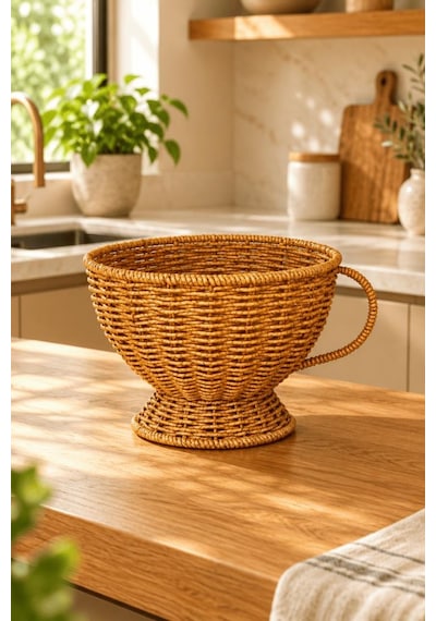 Atbyhome Büyük Boy Doğal Hasır Rattan Kupa Sepet 20x16 Cm - Kulplu Ayaklı Masa Üstü Ekmeklik Ve Meyvelik Kahverengi