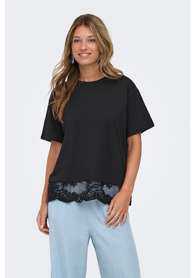 Only Onlvivvi Pamuklu Bisiklet Yaka Dantel Detaylı T Shirt Bayan T Shirt 15385031 Siyah