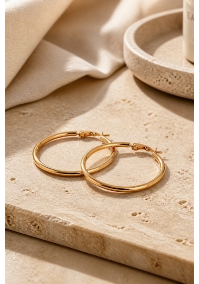 Gold Renk 36 Mm Düz Çelik Klasik Halka Küpe - Minimalist Klipsli Halka Küpe