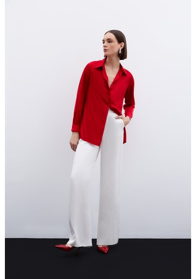 Sateen Oversize Saten Gömlek - Kırmızı