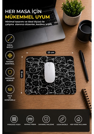 Sevimli Kediler Siyah Beyaz Mouse Pad -23 Cm X 19 Cm- Kaydırmaz Taban Ev Ve Ofis Kullanımı Mousepad