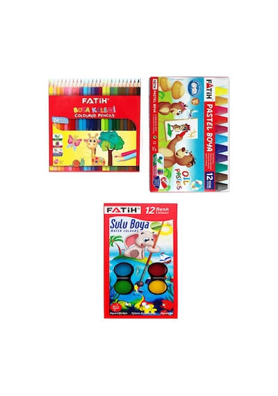 24'lü Kuru Boya + Fatih 12'li Sulu Boya + Fatih 12'li Pastel Boya / 48 Parça Set Çok Renkli