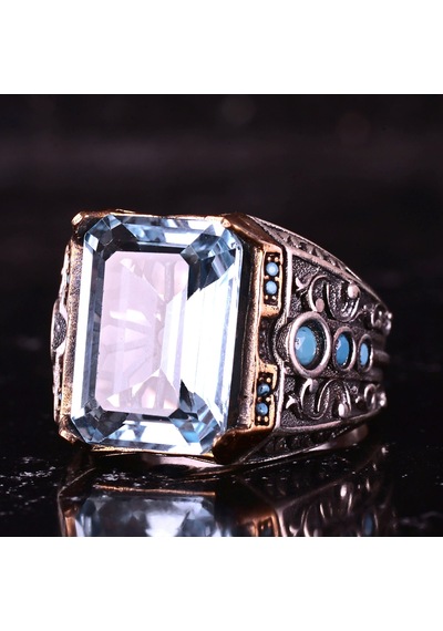 Kambo El Yapımı 925 Ayar Gümüş Mavi Topaz Taşlı Erkek Yüzük - 13 Gr
