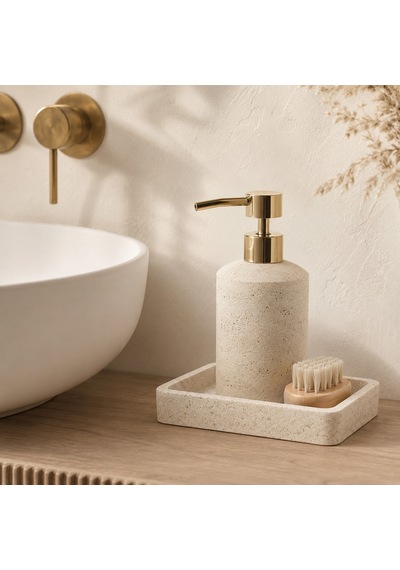 The Voguemaxima Bej Taş Dokulu Sıvı Sabunluk Gold Pompalı 7x17 Cm