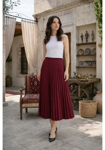 Wear Vexel Kadın 90 Cm Saten Kumaş Pliseli Midi Etek Şık Ve Zarif Tasarım - Bordo Çok Renkli