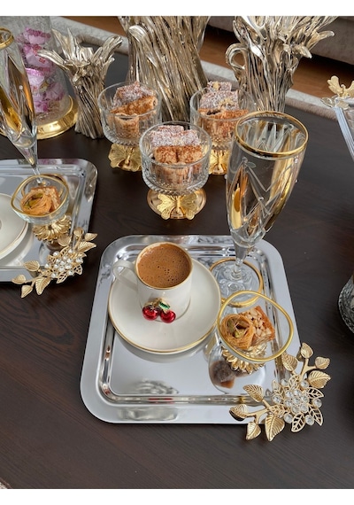Atabey Home Collection 6'lı Kahve & Çay & Sunum Tepsisi Çelik Gümüş Tepsi Lüx Taşli Model