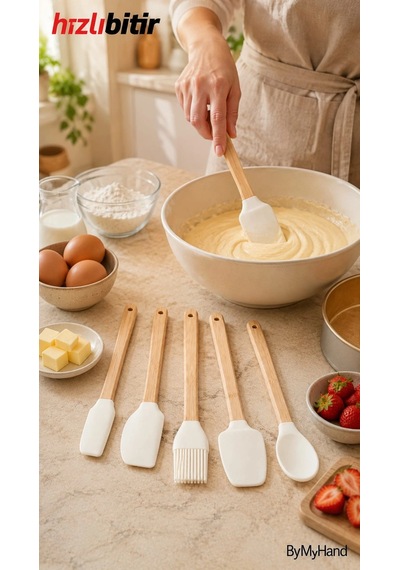 Bymyhand Ahşap Saplı Slikon Uçlu Slikon Mutfak Ve Pasta Yapım Hazırlık 5'li Set