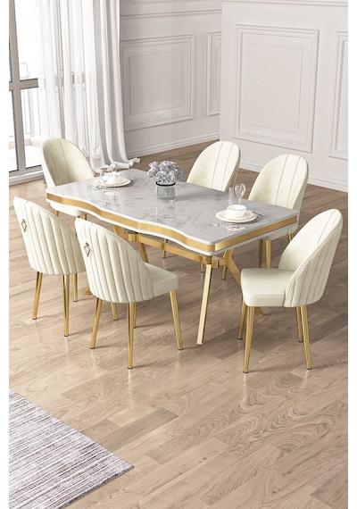 Canisa Pem Serisi 90x160 Lak Panel Beyaz Mermer Desen Gold Ayak Masa Takımı 6 Krem Sandalye Beyaz Mermer Desen Masa Sandalyeler Krem