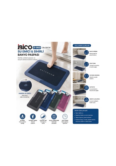 İbico İ21-006 Su Emici Sihirli Banyo Paspası - Dikdörtgen 38x58 Cm Elastik Diğer