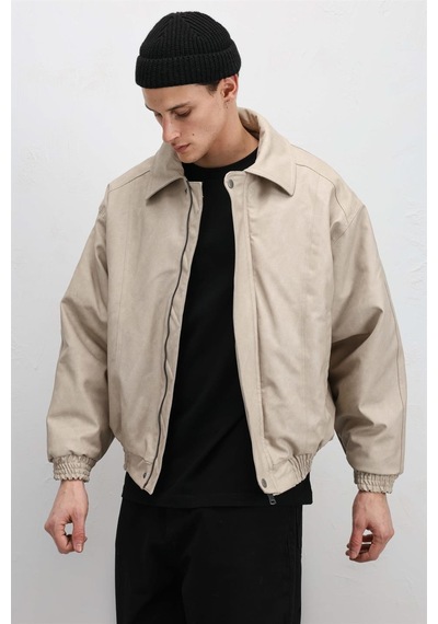Vamos Oversize Deri Bomber Ceket Taş
