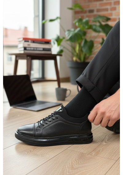 Enoch Hakiki Deri Lazer Kesim Lastikli Günlük Erkek Sneaker Comfort Taban Siyah