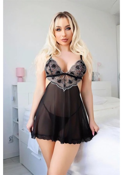 Ang Butik Kadın Siyah Dantel İşlemeli Gecelik