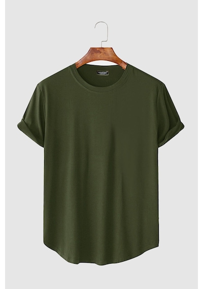Erkek Haki Kolları Katlı Oval Kesim Cepsiz Bisiklet Yaka T-shirt Haki