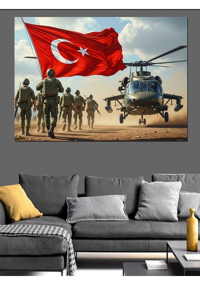 Ahşap Tablo Türk Bayraklı Askerler Ve Helikopter