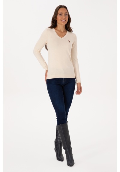 U.S. Polo Assn. Kadın Krem V Yaka Basic Kazak 50307727-VR256