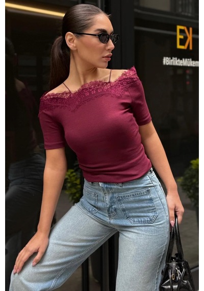 Bordo Dantelli Madonna Yaka Slim Fit Tişört Mg2743