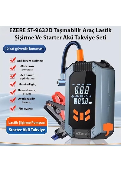 Tr St-9632d Taşınabilir Araç Lastik Şişirme Ve Starter Akü Takviye Seti, Sıyah
