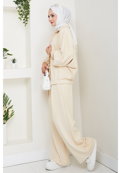 Bestenur Fermuarlı Oversize Takım 1595 - Bej Bej