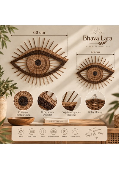 El Yapımı Rattan Göz Duvar Dekoru 40 Cm, El Boyaması Örgü Bohem Duvar Süsü, Salon Yatak Odası Doğal Dekorasyon