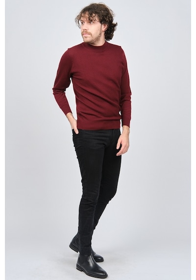Desen Triko Erkek Yarım Balıkçı Desenli Yün Kazak 0249619 Bordo Bordo