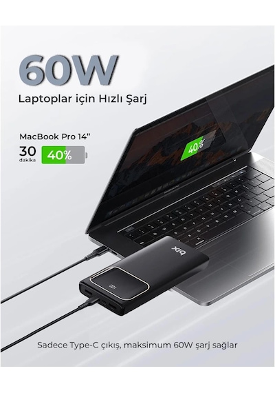 Bix Pb303 30000mah 60w 2 Usb Ve Type-c Pd Çıkışlı Hızlı Şarj Destekli Led Göstergeli Powerbank Siyah