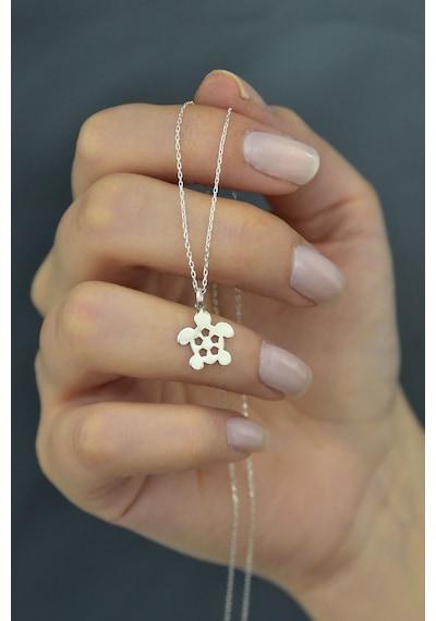 Papatya Silver 925 Ayar Rodyum Kaplama Plaka Kesim Gümüş Kaplumbağa Kolye