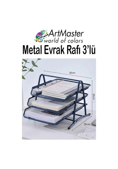 Lacivert Metal Evrak Rafı 3 Lü 1 Paket Masaüstü A4 Dosya 3 Katlı Düzenleyici Kağıt Tepsisi Metal Fileli Hareketli Lacivert