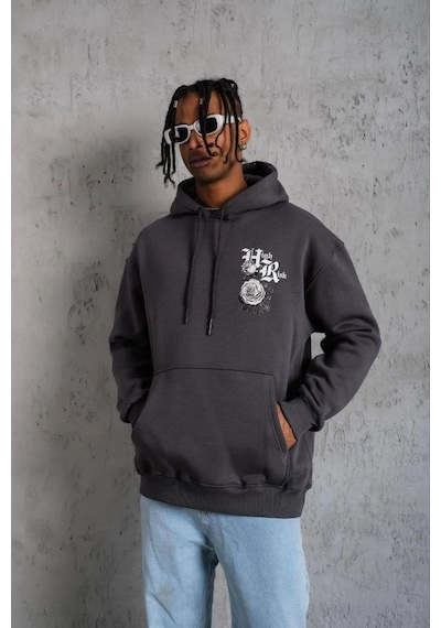 Erkek 3 İplik Pamuklu Kapüşonlu Baskılı Cepli Oversize Sweatshirt Hoodie - Füme