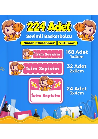 Basketbol Temalı Okul Kreş Kişiye Özel İsim Etiket Seti - Model 250 Çok Renkli