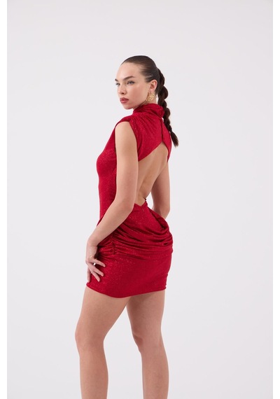 Holly Lolly Sırtı Açık Simli Mini Judy Elbise Kırmızı
