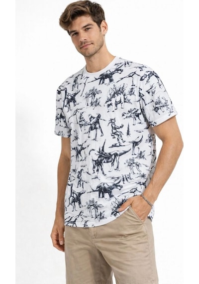 Erkek Dinozor Dijıtal Ön Ve Arka Baskılı Tişört Bisiklet Yaka T-shirt - Beyaz