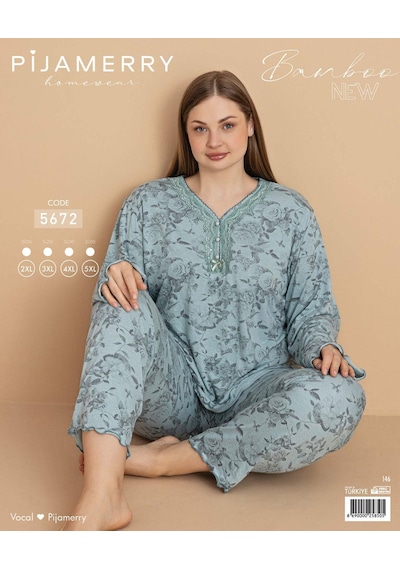 Pijamerry Kadın Büyük Beden Dantel Yaka Bambu Uzun Kol İnce Pijama Takımı 5672 - 1 Adet Yeşil Pijamerry Kadın Büyük Beden Dantel Yaka Bambu Uzun Kol İnce Pijama Takımı 5672 - 1 Adet Yeşil