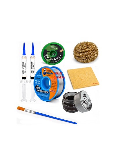 Lehimleme Seti 0,8 Mm 40 Gr Lehim Teli 2 Li Flux 2uul-2015 Lehim Fitili 1fırça Ve Havya Ucu Temizleme Seti St94