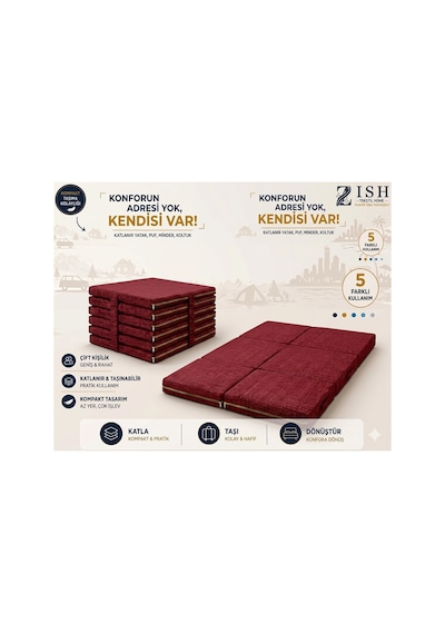 Zishome Tek Kişilik Multipurpose 5 İn 1 Bordo Çift Kişilik Katlanır Süngerli Misafir Yer Yatağı Ve Minder 7cm