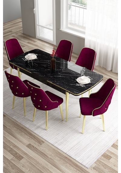 Canisa Concept Tia Serisi 80x132 Mdf Açılabilir Siyah Mermer Desen Gold Detay Masa Takımı Ve 6 Mürdüm Sandalye Masa Siyah Mermer Desen Sandalye Mürdüm Canisa Concept Tia Serisi 80x132 Mdf Açılabilir Siyah Mermer Desen Gold Detay Masa Takımı Ve 6 Mürdüm Sandalye Masa Siyah Mermer Desen Sandalye Mürdüm