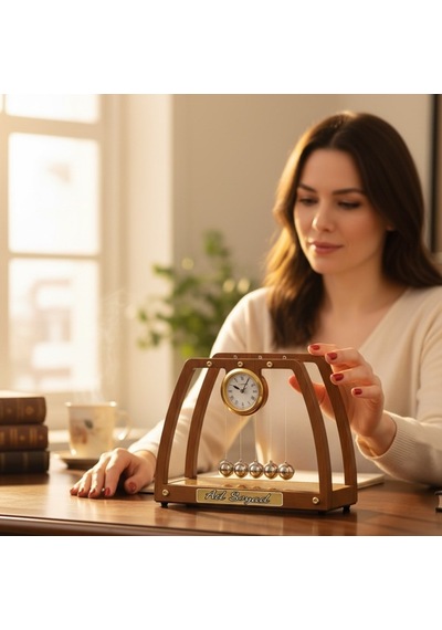 Kişiye Özel İsim Yazılı Ahşap Newton's Cradle Masa Saati Ve Dekoratif Ofis Aksesuarı