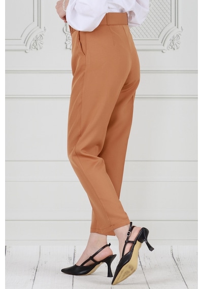Sevitli Beli Kemerli Pileli Kalem Pantolon-camel-3683-camel Camel