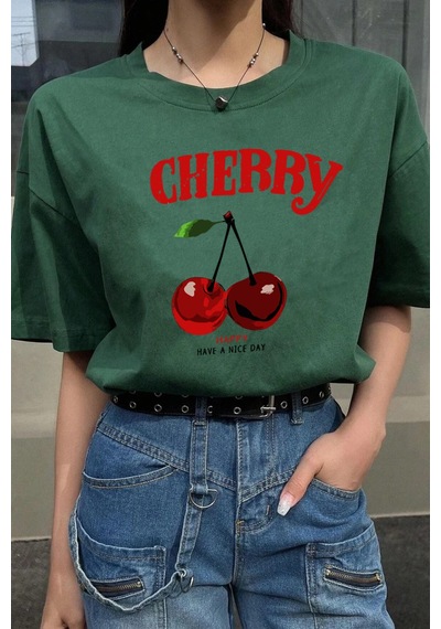 Uyguntarz Unisex Happy Cherry Tasarım Basklı Tshirt Yeşil