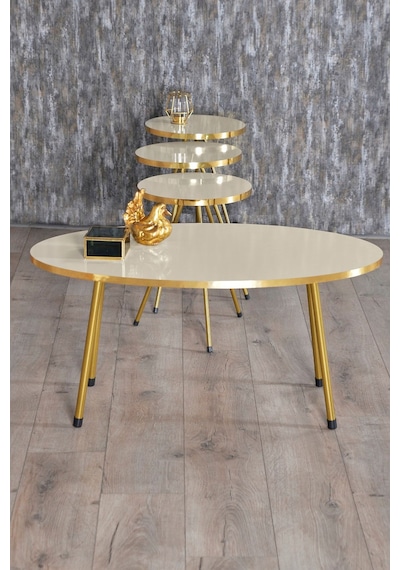 Zigon Sehpa Ve Orta Sehpa Elips Gold Metal Ayak Gold Krem Set Diğer