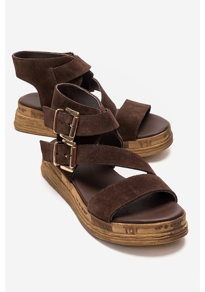 Luvishoes Lorentıs Kahverengi Süet Hakiki Deri Çift Tokalı Kadın Sandalet