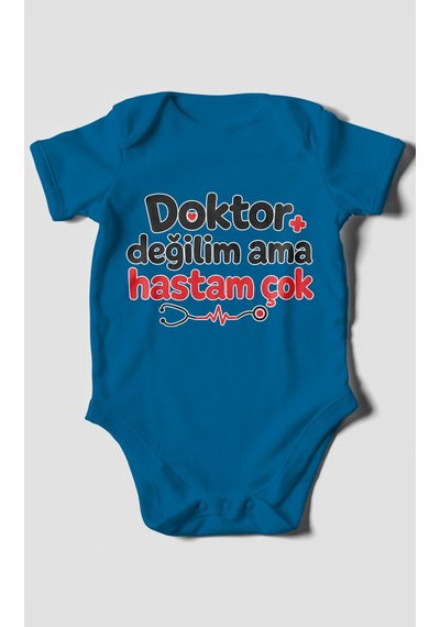 Morivokids Doktor Değilim Ama Hastam Çok Kısa Kollu Bebek Body %100 Pamuk Koyu Mavi