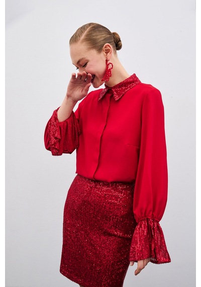 Sateen Payet Detaylı Gömlek - Kırmızı-135617 Kırmızı