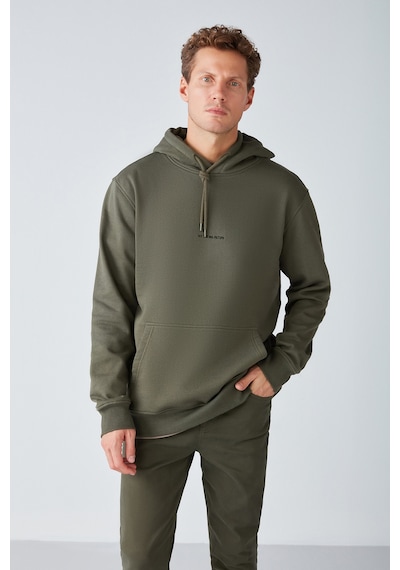 Grımelange Epic Erkek Yumusaçık Kumaşlı Kapüşonlu Kordonlu Regular Fit Nakışlı Haki Sweatshirt