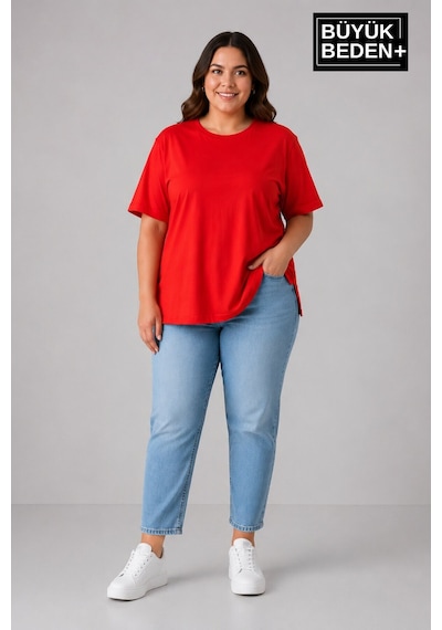 Superlife Büyük Beden Kadın Bisiklet Yaka Yırtmaç Detaylı 3xl-6xl Tunik Tişört Spr26btsk501 Kırmızı