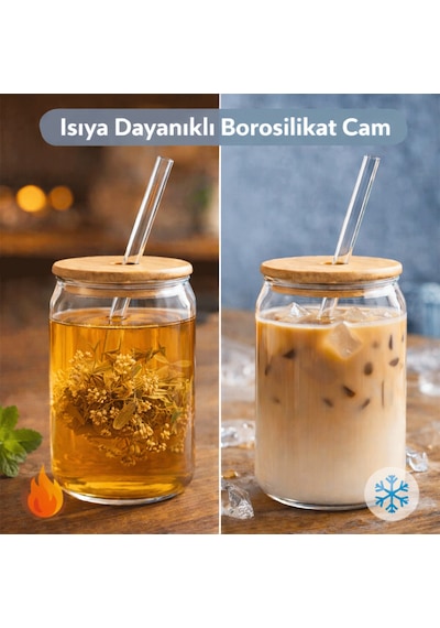Bambu Kapaklı Pipetli Borosilikat Sunum Bardağı, Kahve Bardağı, Isı Dayanıklı Bardak 600 Ml Coollime