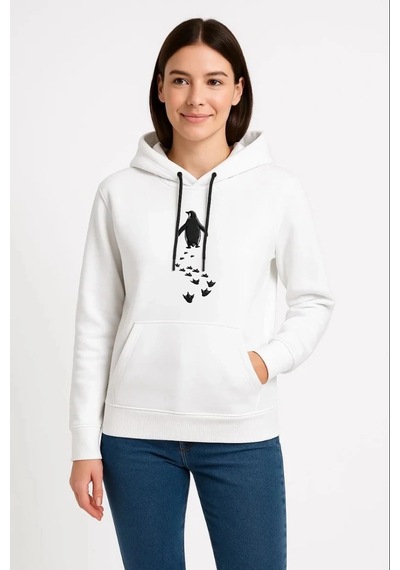 Novalisse Kadın 3 İplik Pamuklu Kapüşonlu Hoodie Sweatshirt Nihilist Penguen Baskılı - Beyaz Çoklu Renk
