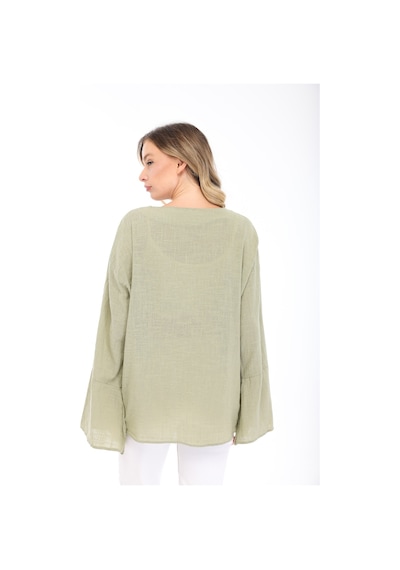 Blayn Jeans Blayn Kadın Keten Kimono Oversize Rahat Kalıp Yazlık Uzun Kollu Kimono Çağla Yeşili