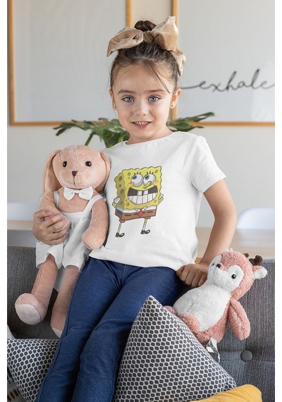 Sevbano Utangaç Süngerbob Baskılı Unisex Çizgi Film Çocuk Tişört 1-12 Ya Beyaz