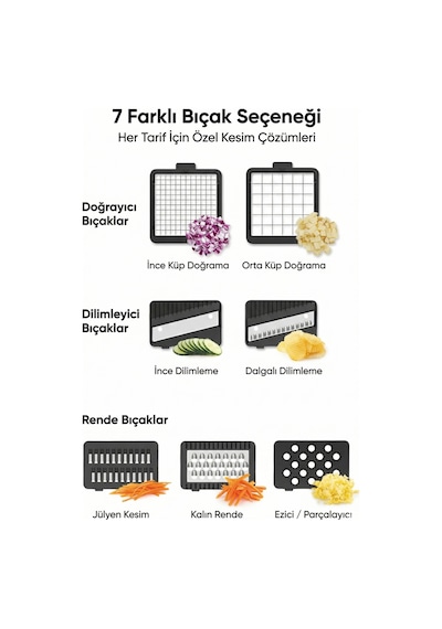 Çok Fonksiyonlu 7 Bıçaklı Doğrayıcı Set Sebze & Meyve Dilimleme, Rendeleme Ve Küp Doğrama Aparatı Beyaz