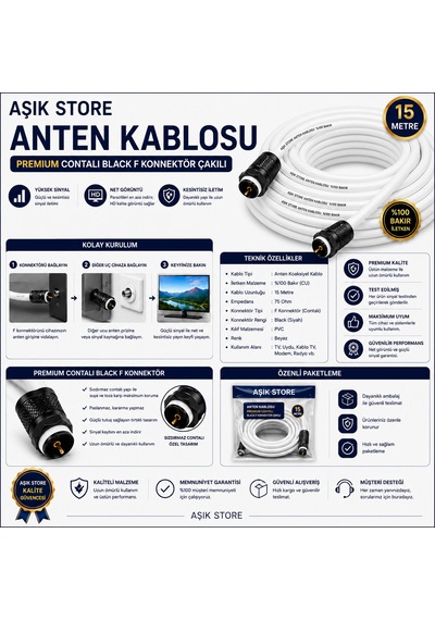 15 Metre Premium Anten Kablosu %100 Bakır İç İletken Contalı Black F Konnektör Çakılı Koaksiyel Tv Uydu Kablosu